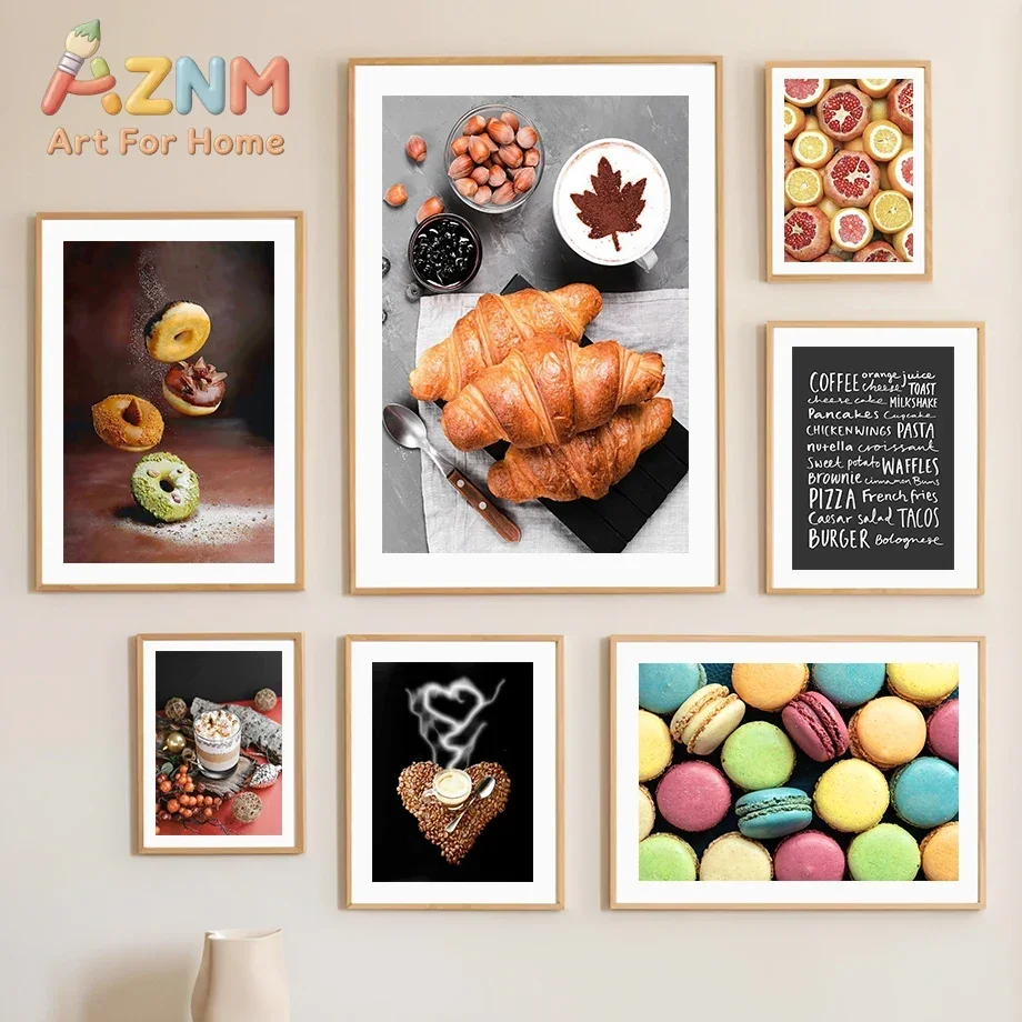 Coffee Cake Croissant Donut Macarons Posters Prints Canvas Painting Nordic Wall Art Pictures For Kitchen Dessert Shop Room Decor