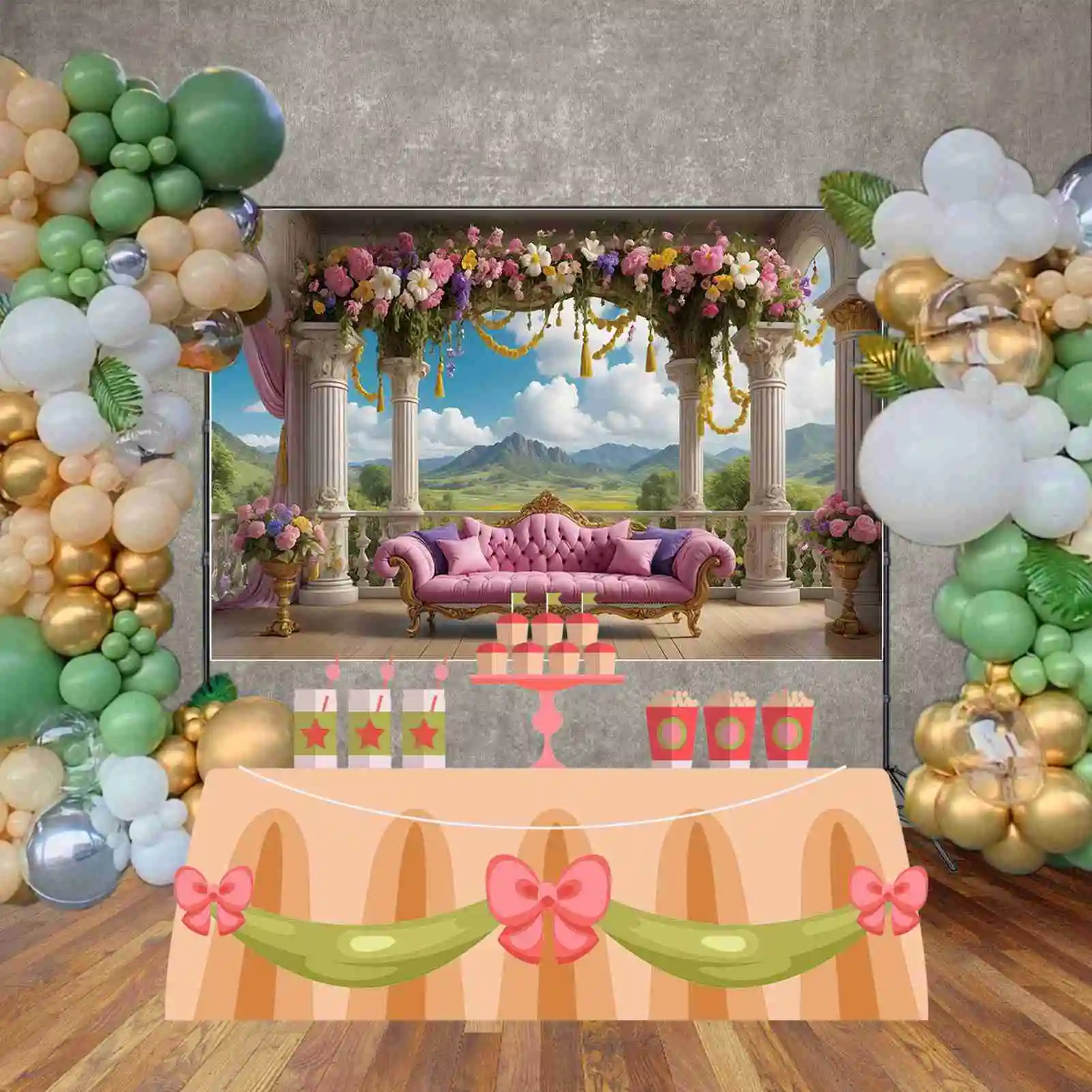 MOON.QG Princess Flower Curtain Castle Birthday Background Girl Arch Garaland Viewing Platform fondale accessori per feste personalizzati