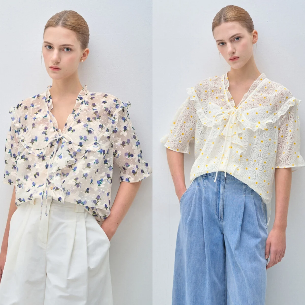 

Ультратонкая рубашка с цветочным принтом, V-образным вырезом и эффектом тай-дай, универсальный топ для повседневной носки, корейский стиль, из полиэстера, с коротким рукавом, стройнящий силуэт.