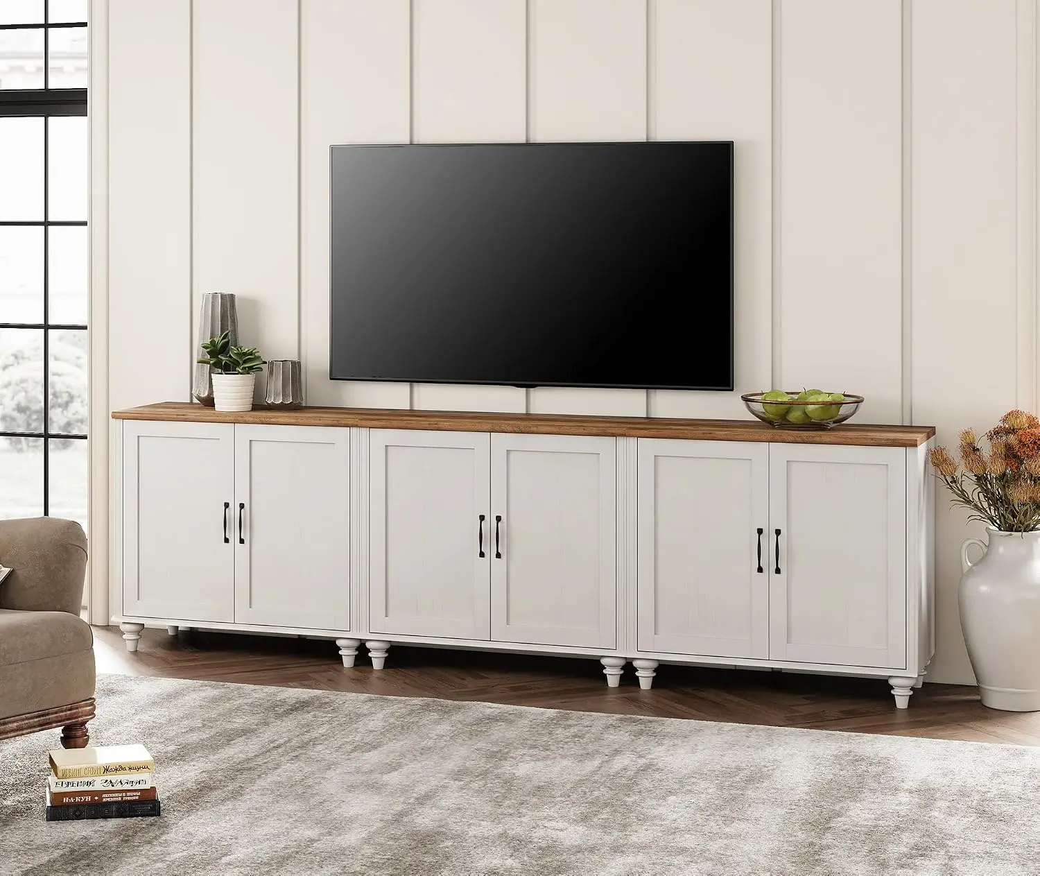 Farmhouse Wood TV Stand 100 Inch 4 Doors Storage Cabinet Entertainment Center Console White, Customized