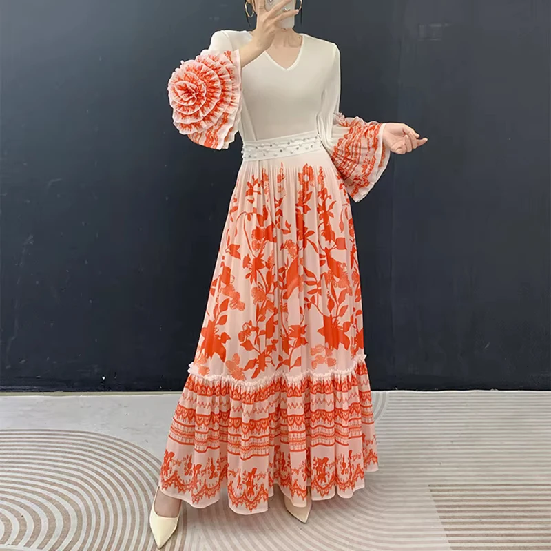 ANLAN Premium Orange Floral Print Pleated Maxi Dress Elegant Ruffle Sleeve V-neck Long Dress Women Vacation Wear 2026 Summer New