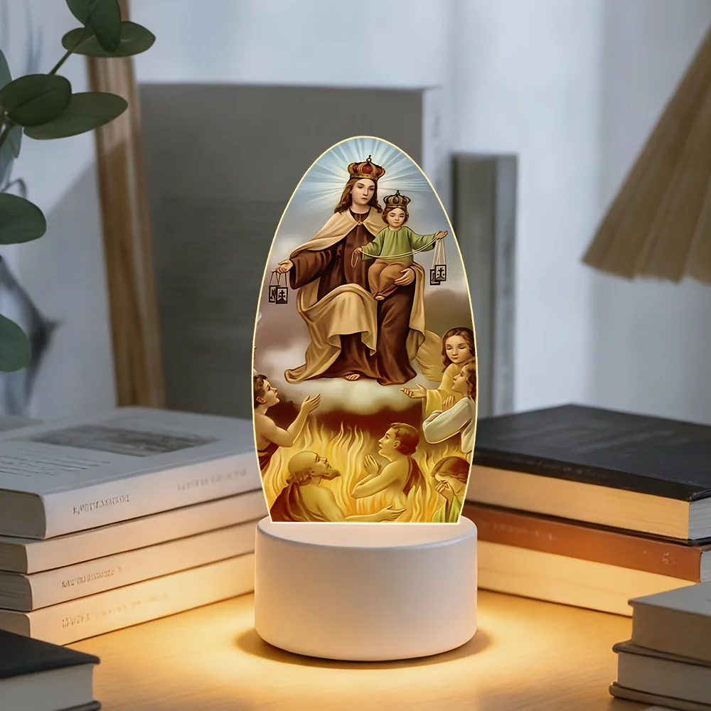 Lampe de nuit religieuse en acrylique sur le thème de la Salut des âmes dans la Purge, alimentée par USB, base blanche, lumière chaude