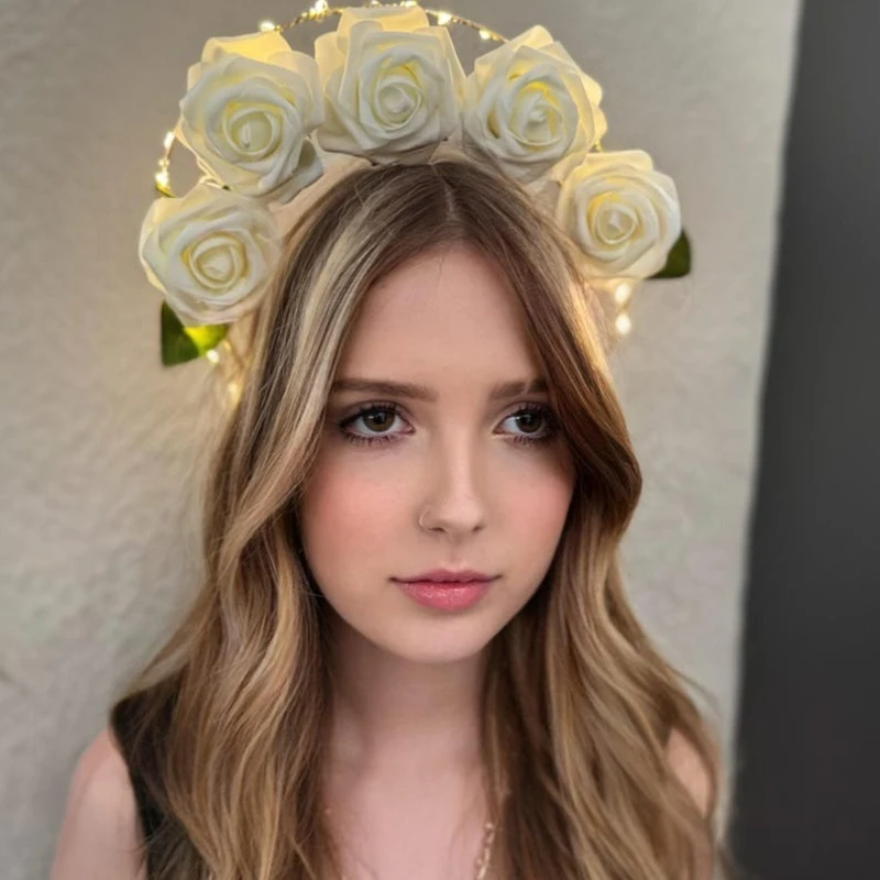 Glowing White Rose Halo Headband – LED Celestial Crown for Rave, Wedding, Halloween & Cosplay Photoshoot