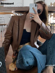 Nerazzurri Autumn Brown Cropped Leather Blazer Women Long Sleeve Single Button Spring Short Black Soft Light Faux Leather Jacket