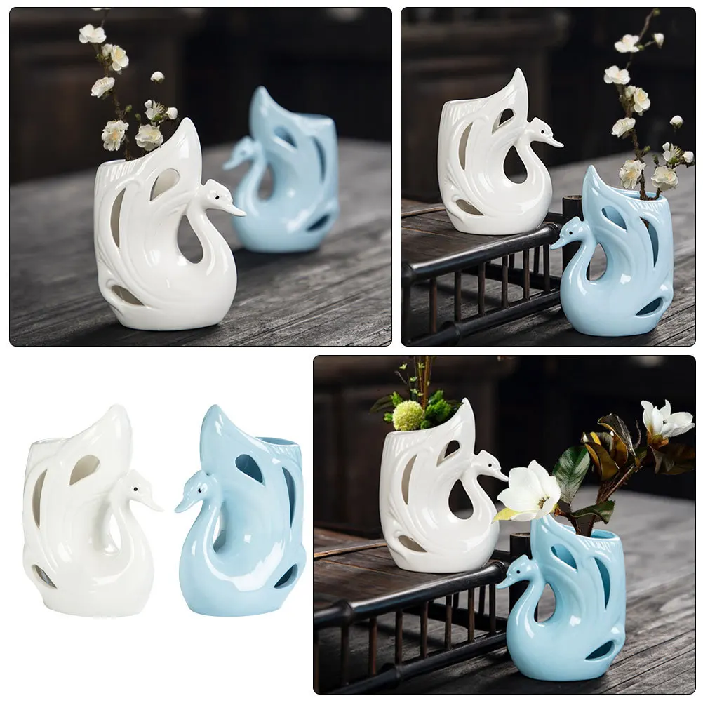 

2Pcs Decorative Ceramic Flower Vase Swan Shape Mini Vases White Blue Home Office Desktop Floral Arrangement Swan-Shaped Vase