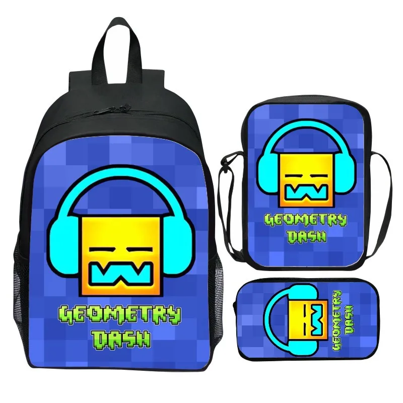 Printed geometry dash three piece set backpack cartoon elementary school backpack shoulder bag pencil case
