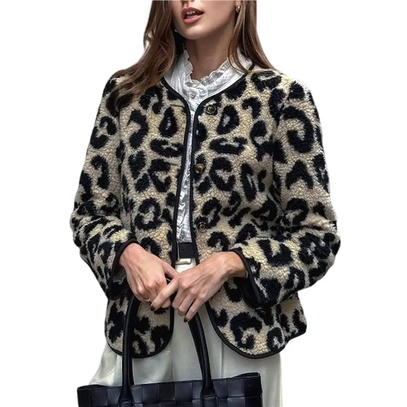 NEW-Women Leopard Fuzzy Fleece Coat Collarless Button Down Winter Crop Jacket Leopard Color XL