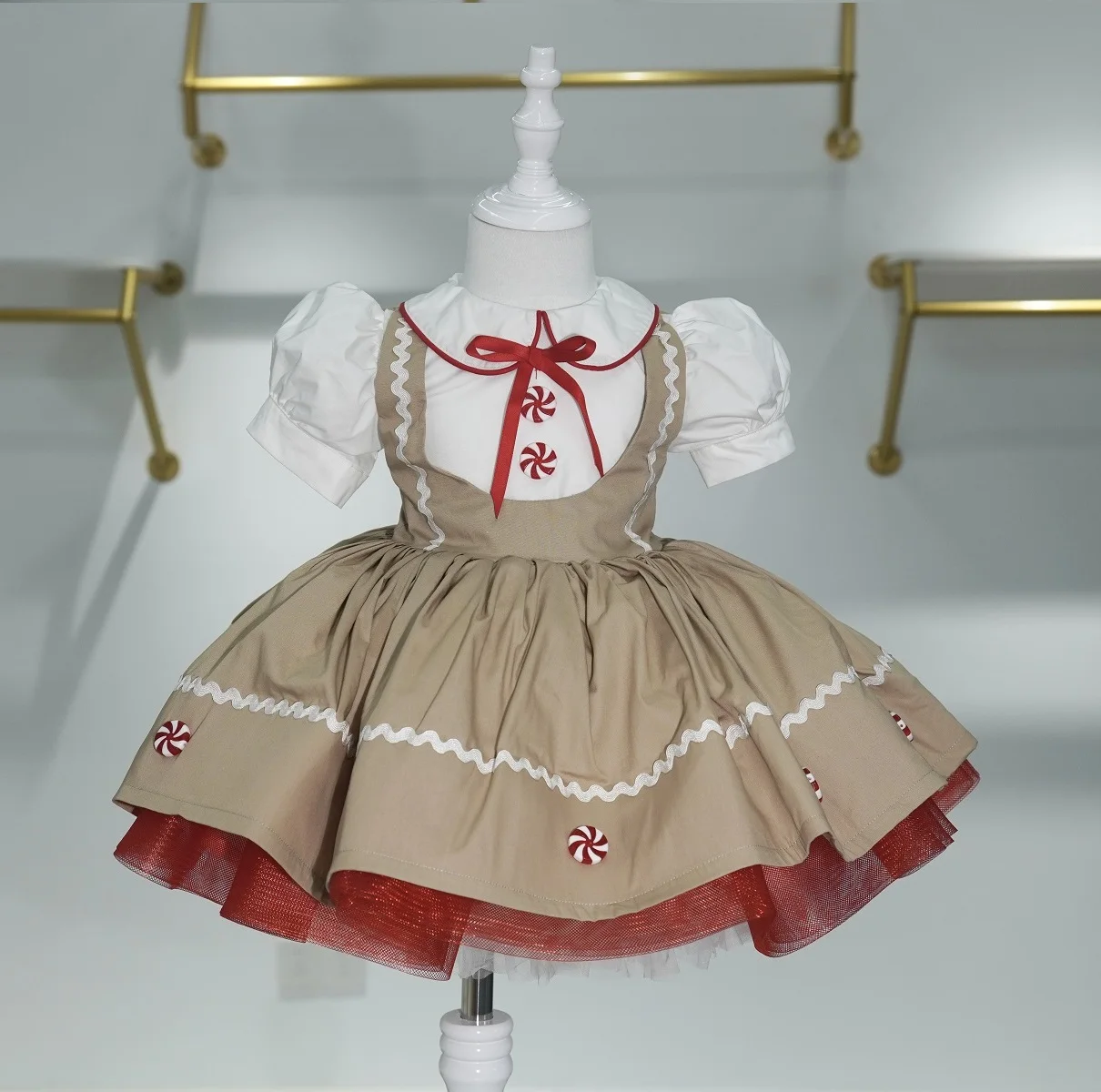 0-12Y Baby Girl Khaki Gingerbread Man Vintage Princess Pompom Ball Gown Dress for New Year Holiday Photography Eid ChristmasB453