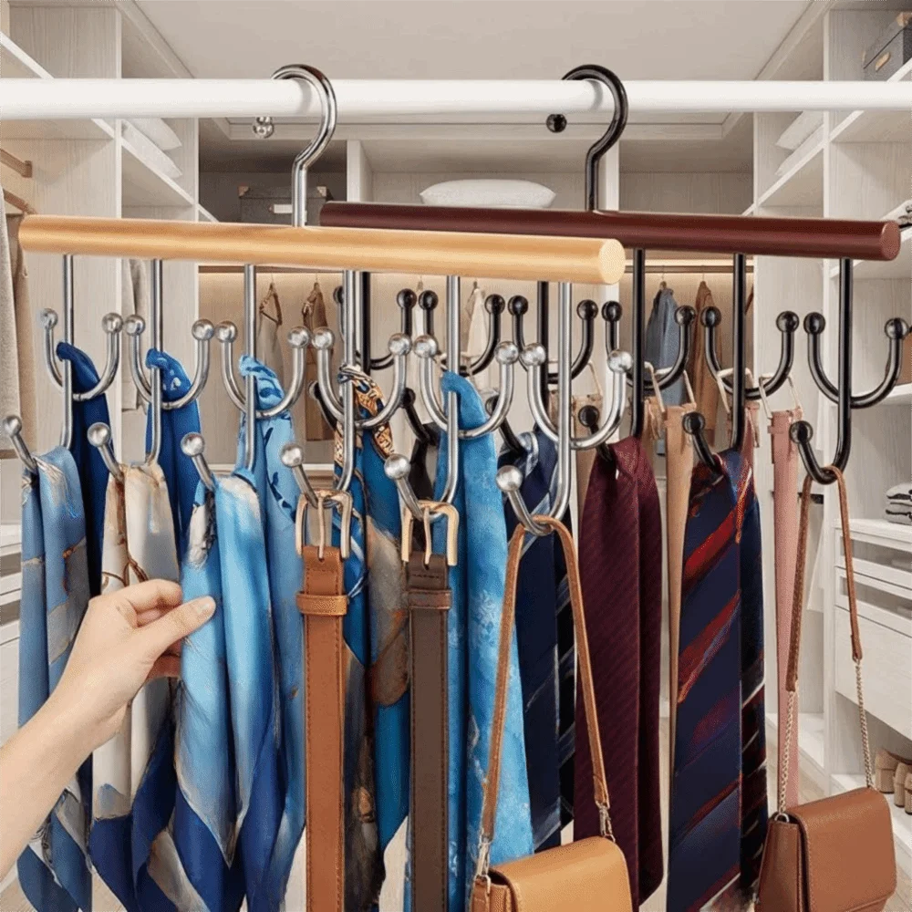 

Wall Mounted Wooden Sling Hanger Large Capacity 360 Degrees Rotating Underwear Vest Storage Rack Space Saving with 18 Hooks