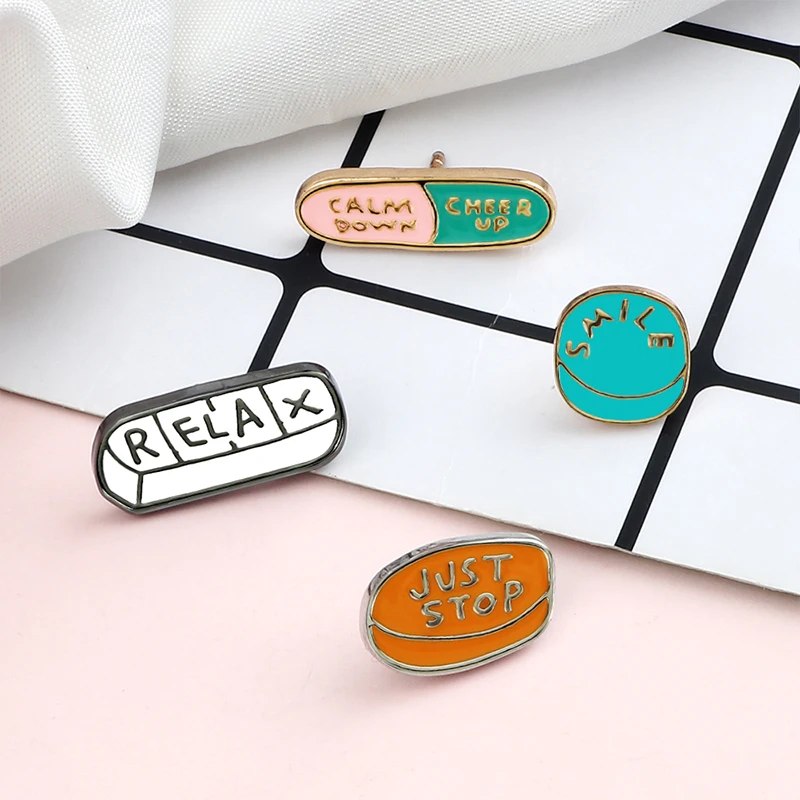 Magical Pills Capsules Brooches Relax Smile Calm Down Pill Enamel Pins Cartoon Cute Small Jewelry For Kids Shirts Backpack Badge