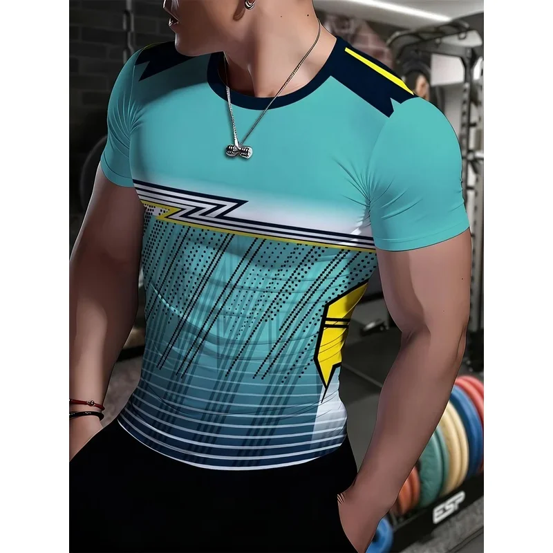 Men's Quick Dry Short Sleeve T Shirt Round Neck Elastic Breathable Geometric Striped Yellow Green Blue Print