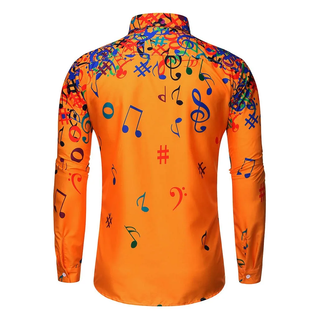 Men Casual Shirt Novelty Musical Note Pattern Harajuku Autumn Fashion Blouses Long Sleeve Design Slim Fit Top