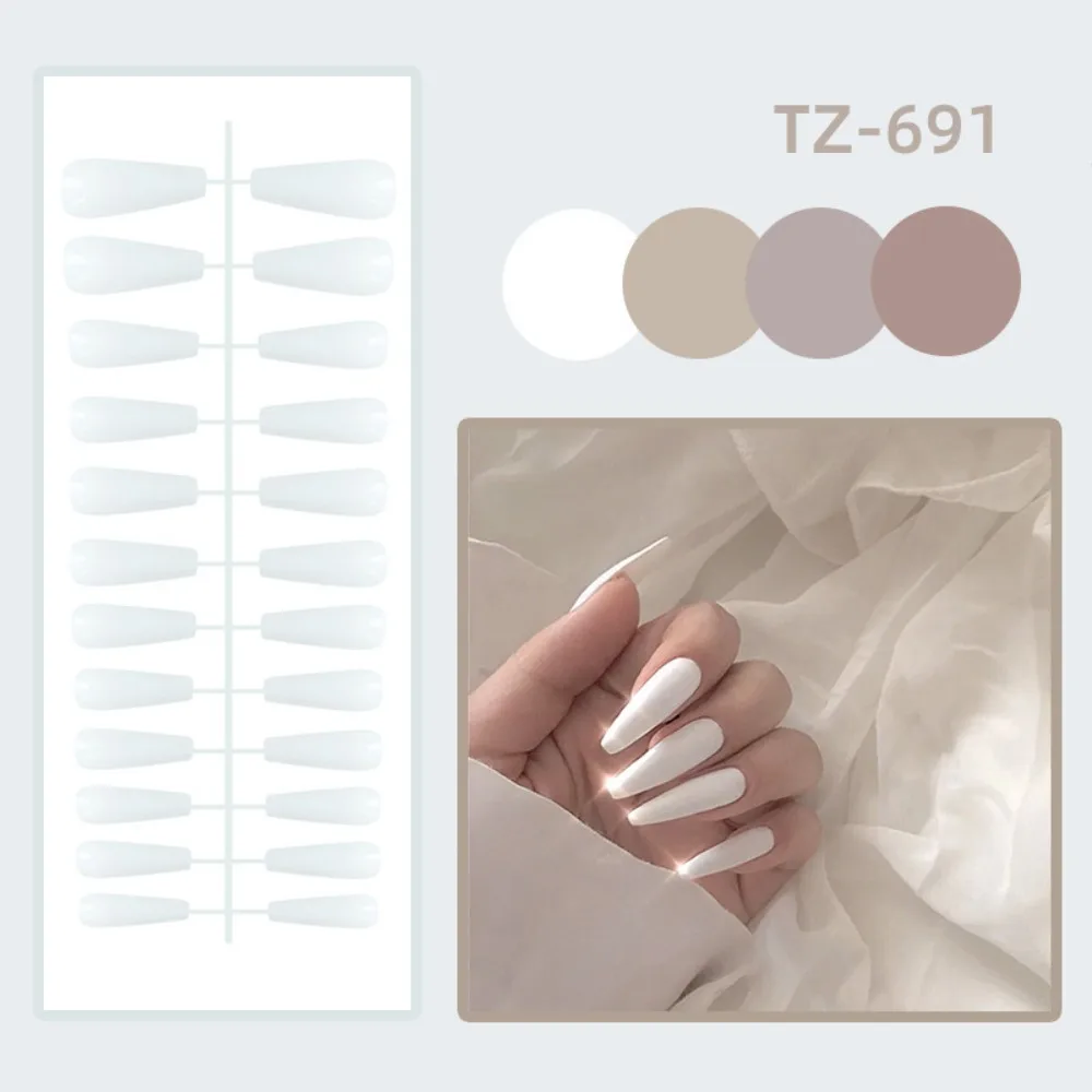 24Pcs Detachable Solid Color Fake Nails Wearable Bright Long Ballet False Nails Manicure Full Cover Press-on Nails Women