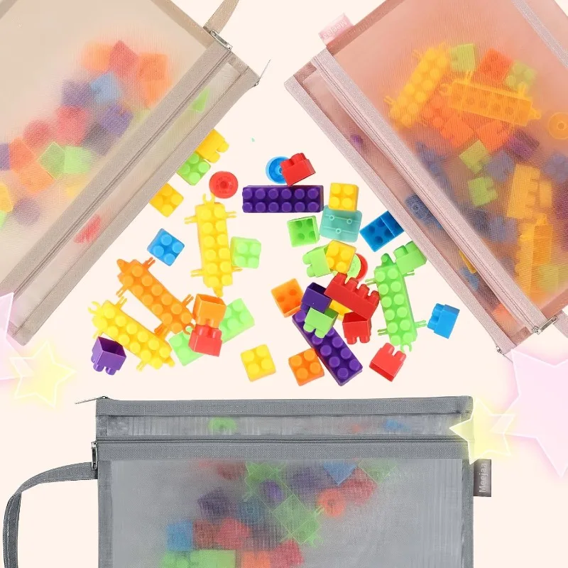 Spielzeug-Aufbewahrungstaschen, robuste 2-lagige Netz-Reißverschlusstasche mit Griff, farbiger Organizer für Bausteine, Puzzles, Brettspiele, Zuhause – Detail 3