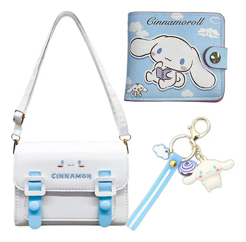 3pcs/set Cute Anime Shoulder Bags Cinnamoroll PU Leather Purse My Melody Messenger Bags with Wallet Keychain