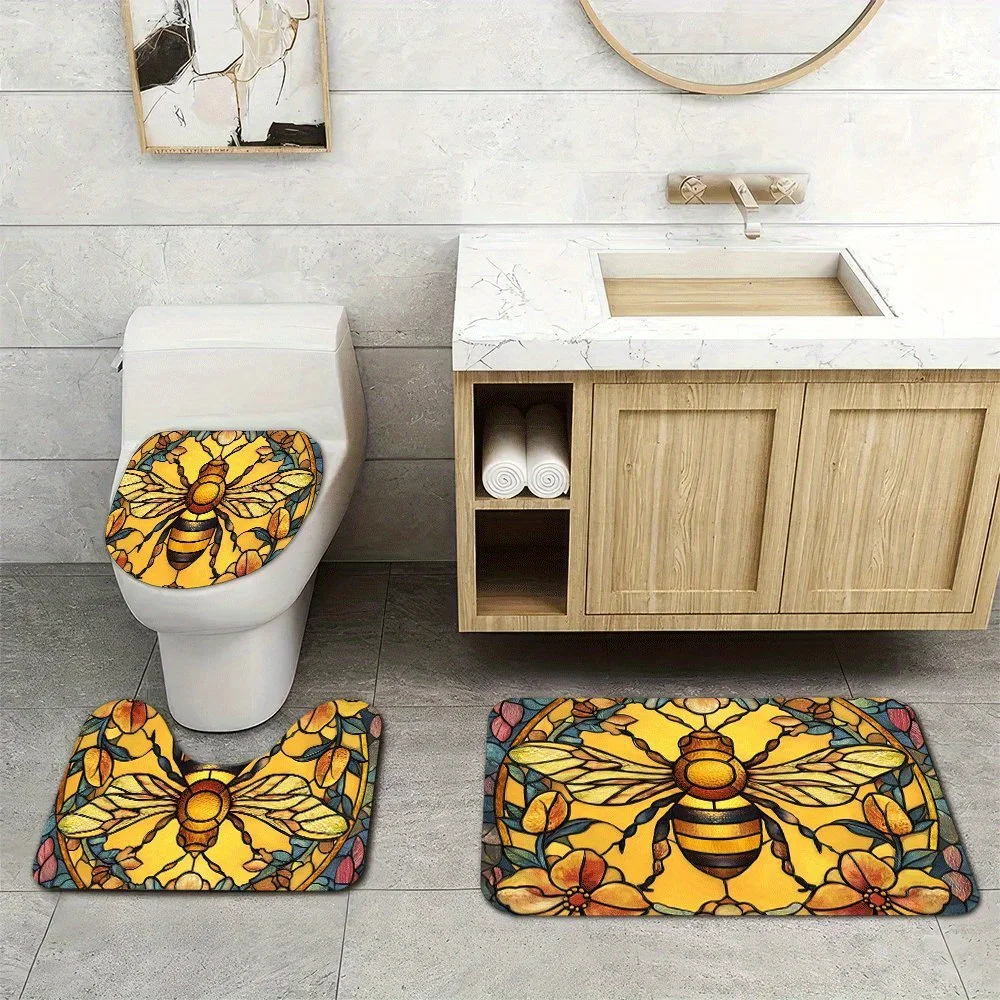 

3pcs Super Soft Bathroom Floor Mats Set, Absorbent, with Non-slip Backing, Fashion Bee Print for Bathroom, Toilet, Bedroom