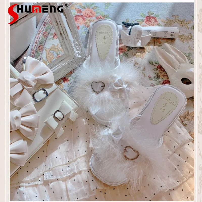 

Japanese Original Lolita Beautiful White Sweet Heart Lace Love Wedge Shoes Fairy Style Sweet Feather High Heel Sandals For Women