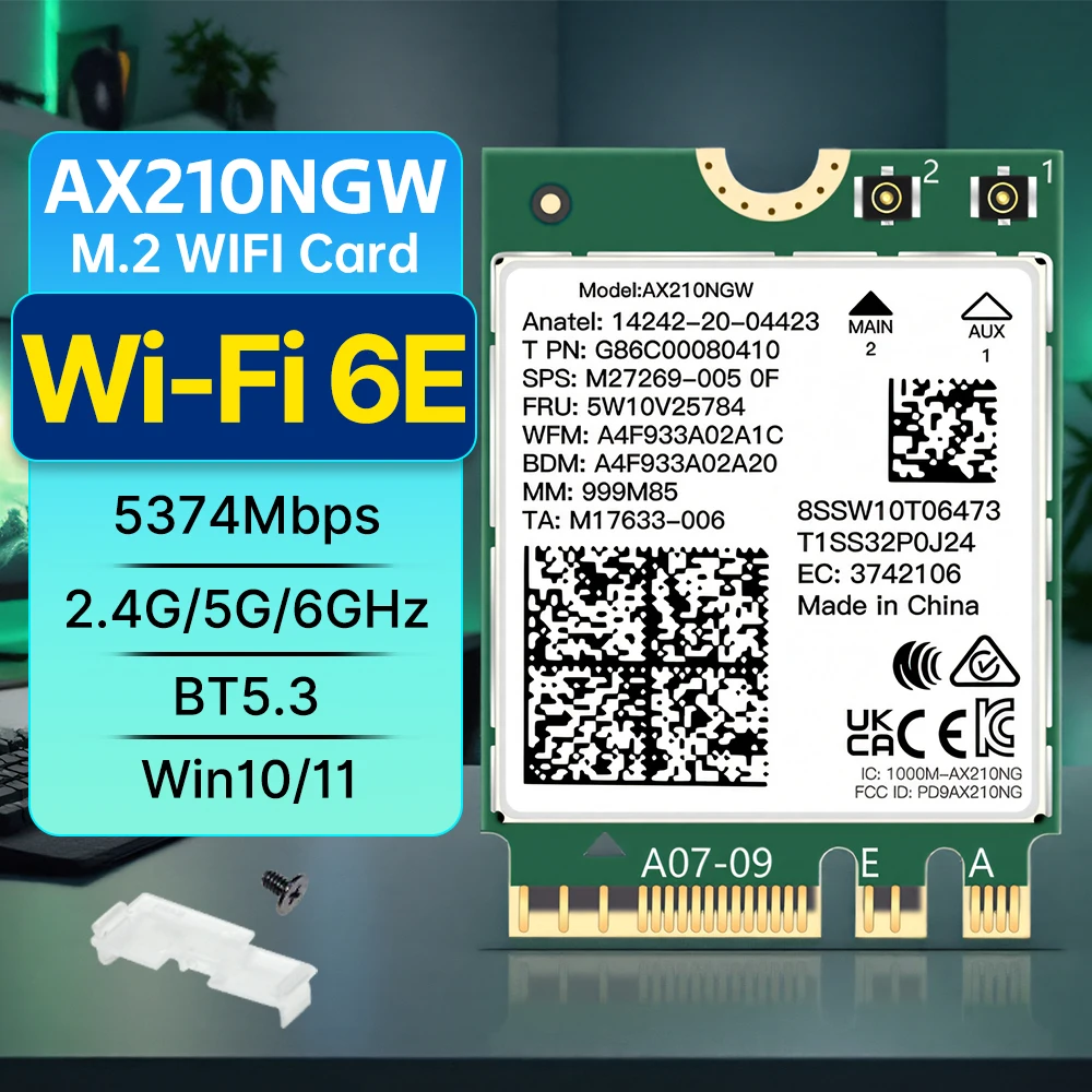 

Беспроводная карта Wi-Fi 6E AX210NGW BT 5.3, 802.11AX 5400 Мбит/с, M.2 NGFF, трехдиапазонный 2,4G/5G/6 ГГц, для Windows 10/11, ноутбук/настольный компьютер
