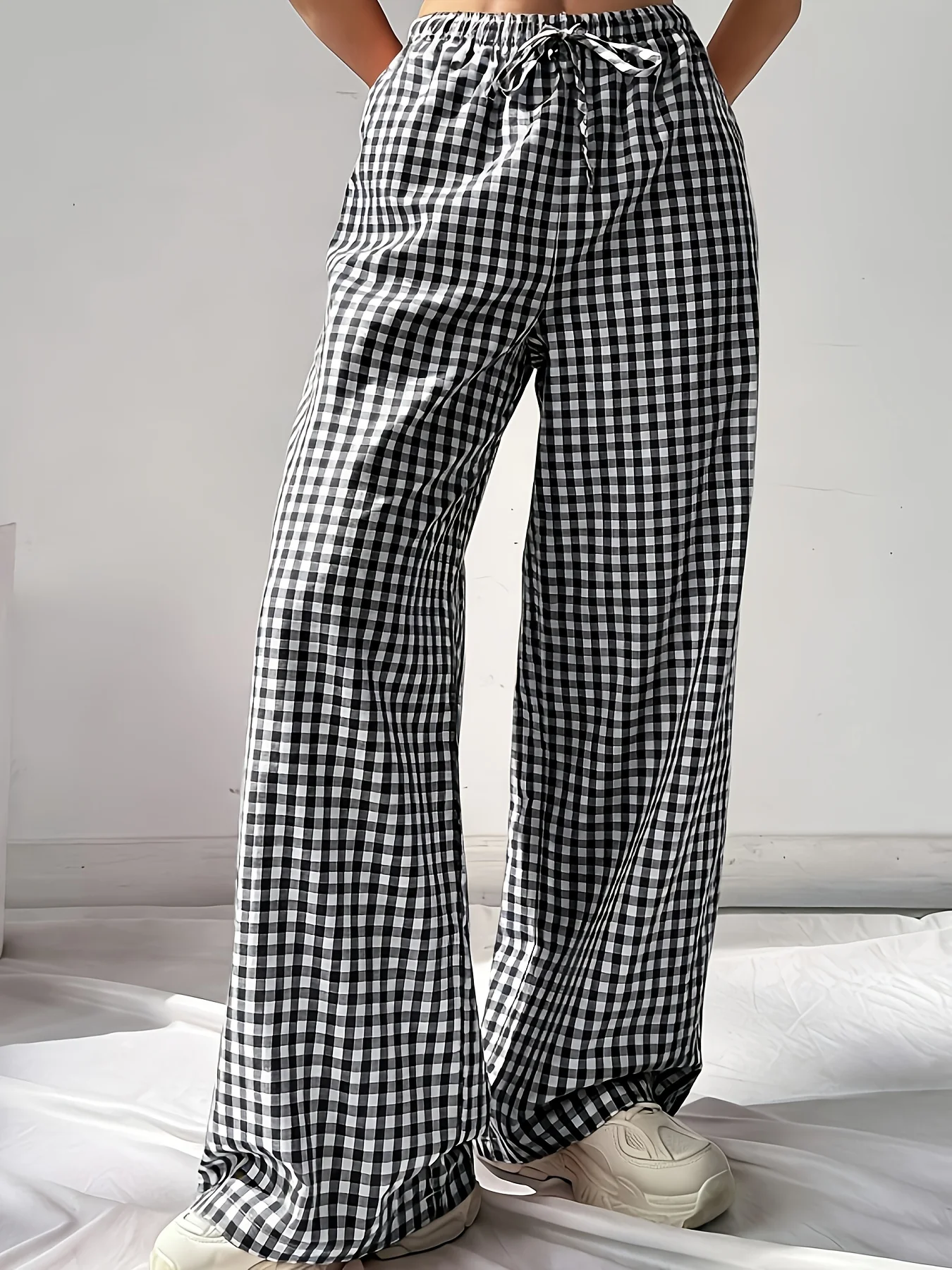 

Women's Black & White Gingham Wide Leg Pants Elastic High Waist Drawstring Casual Trousers