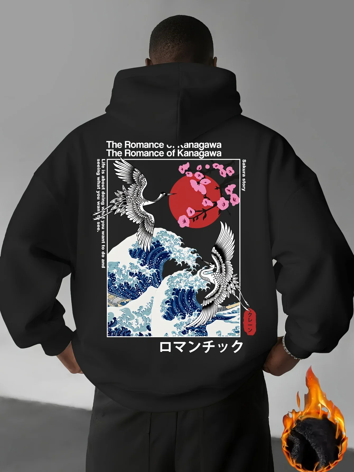 اليابان Ukiyoe ساكورا وموجة كبيرة كاناغاوا طباعة الرجال النساء مقنعين البلوز الخريف الشتاء اللياقة البدنية اليومية ملابس رياضية فضفاضة دافئة غير رسمية #4