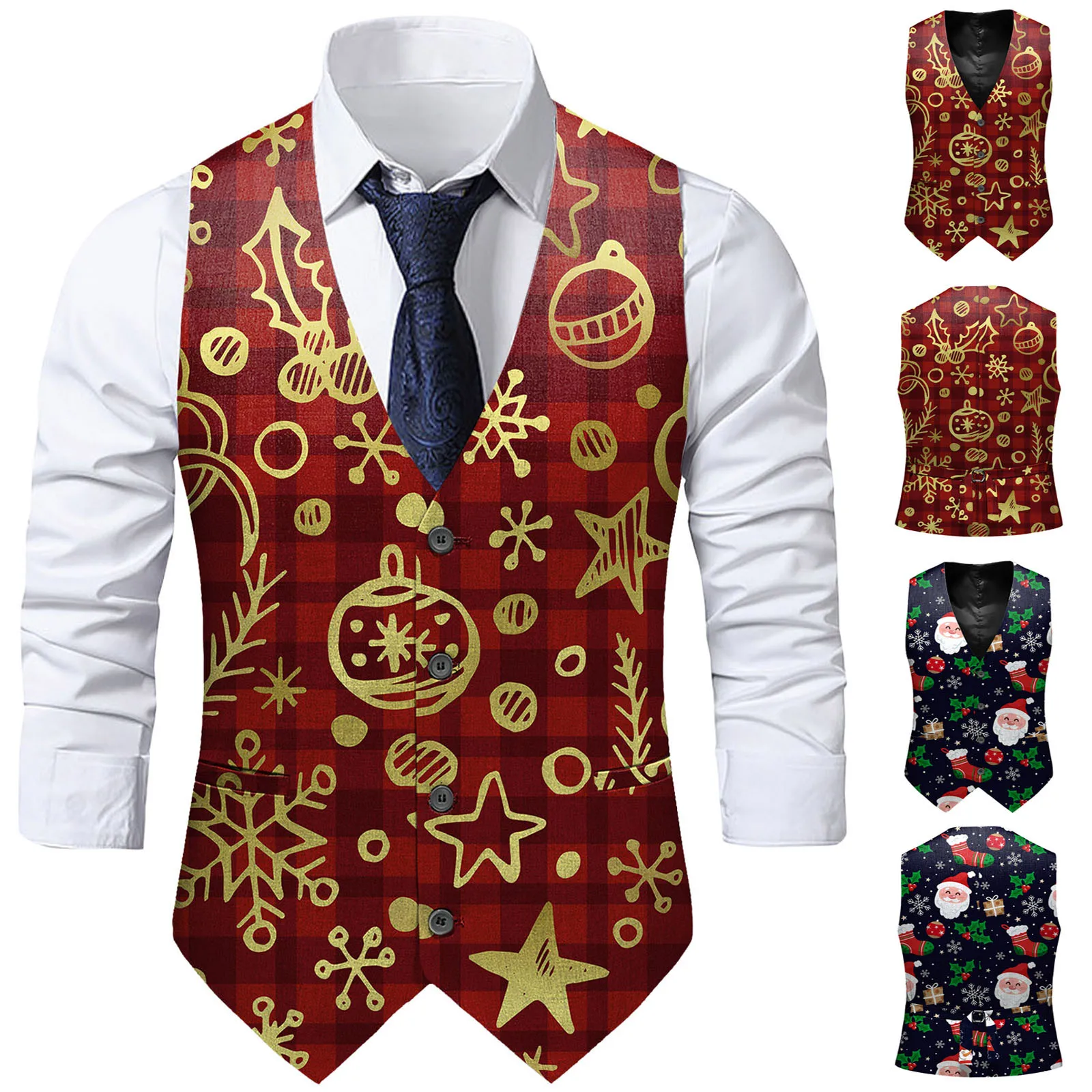 

Christmas Santa Clause Red Vest For Man Family Party Clothing Elk Candy Cane Snowman Print Waistcoat Single-Breasted Set