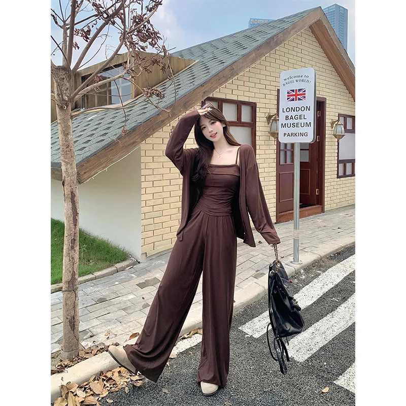 

Lazy Casual Set Women 2024 Spring Autumn New Irregular Camisole+Thin Shirt Coat+High Waisted Pants Temperament Three Piece Set