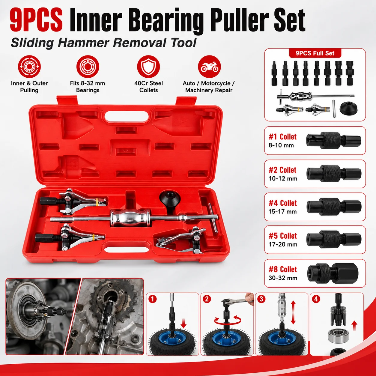 Inner Bearing Puller Slide Hammer Tool Set 8-32mm Blind Hole Bearing Extractor Internal External Car Repair 40Cr Collets