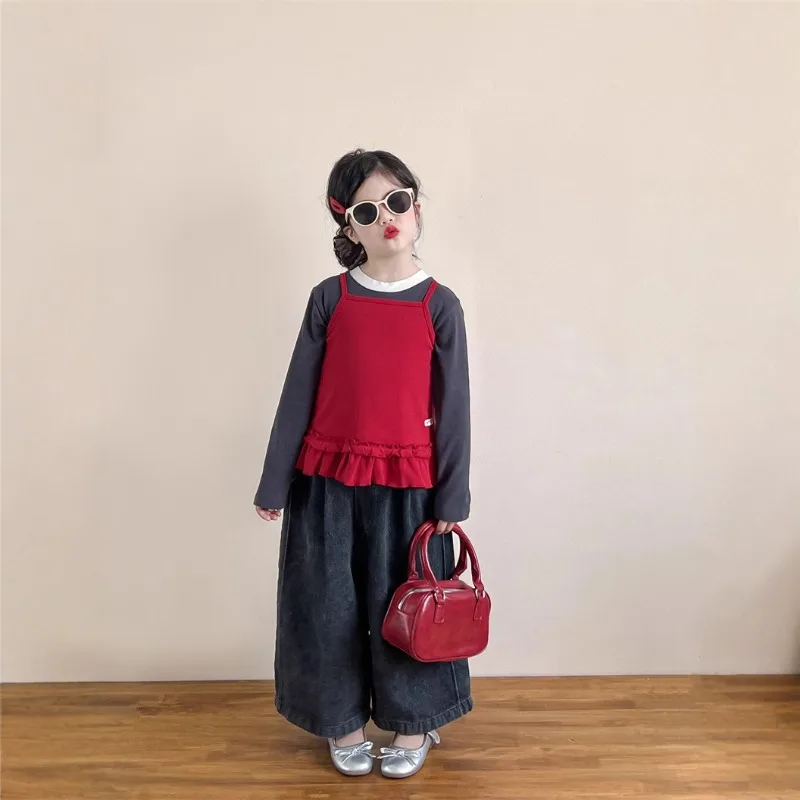 

Girls Set 2025 Autumn Spring Korean Style Fashion Casual Gray Long Sleeve Top Red Ruffles Vest Long Pant Three Piece Set