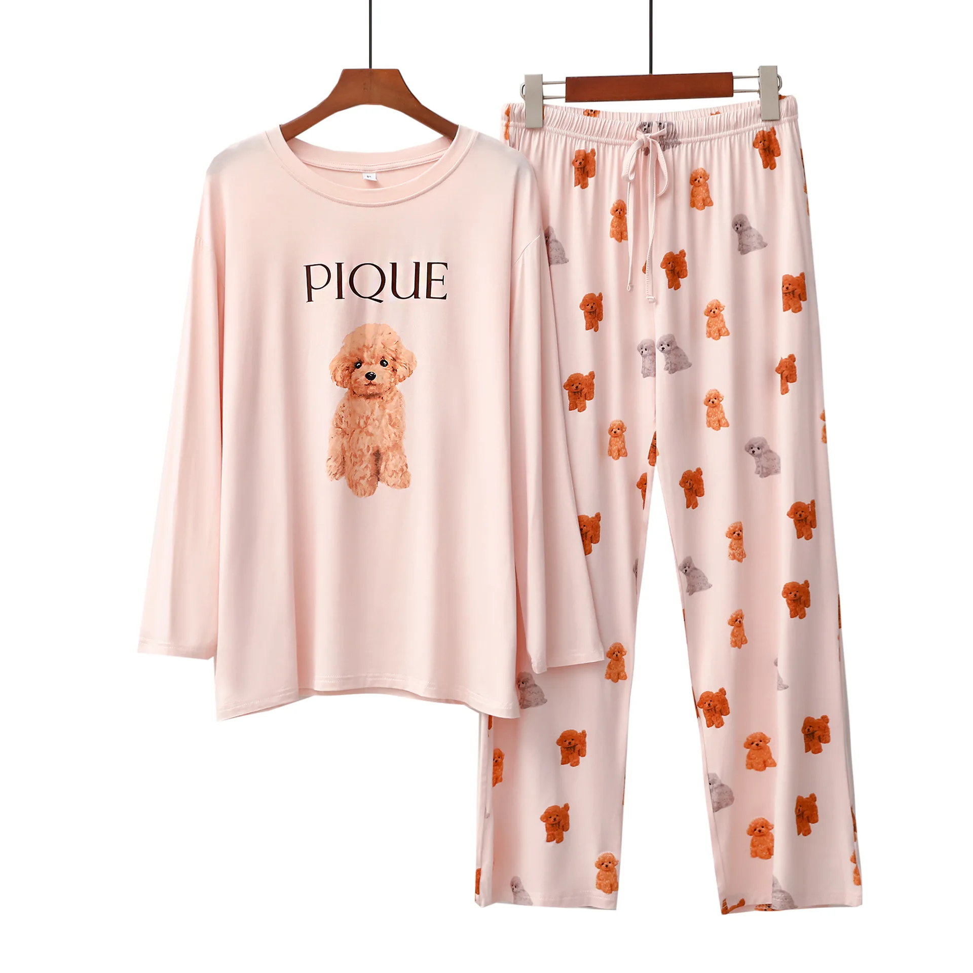 Soft Modal Cartoon Dog Room Wear Ladies Pajamas Set Women Sleepwear Pijama Comfort Ladies Long Sleeve Pant Suit Loose Home Wear