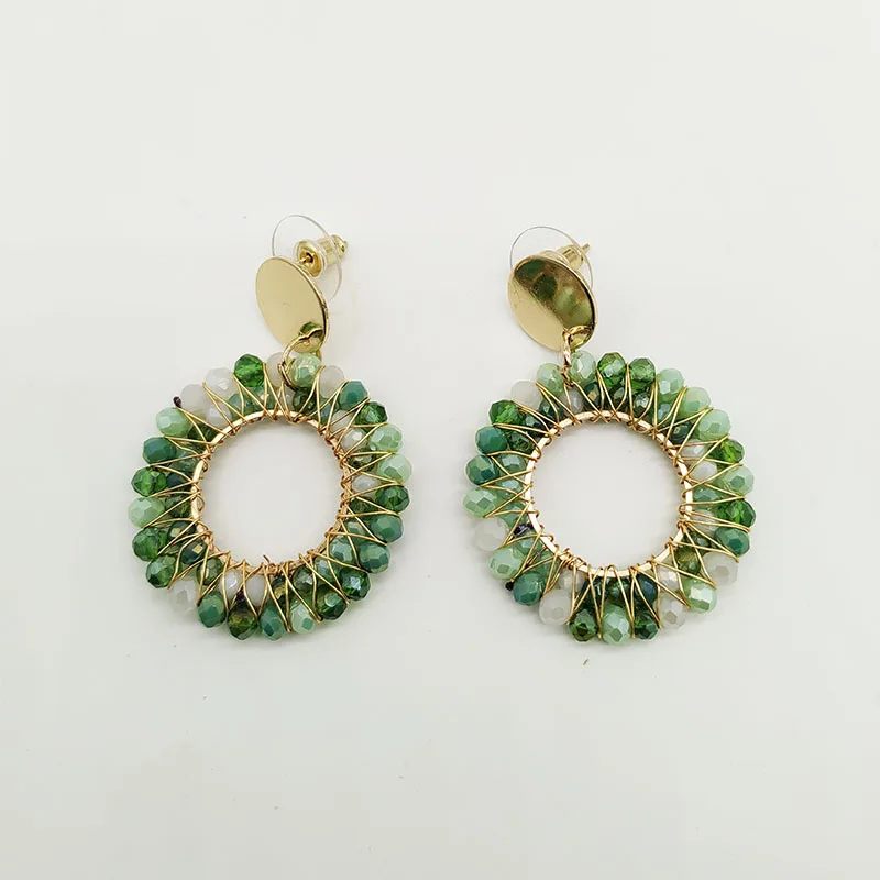 Beaded earrings Circle Retro  Crystal Originality Double-deck Hand knitting Bohemia Alloy Tide Simple Rice bead earrings
