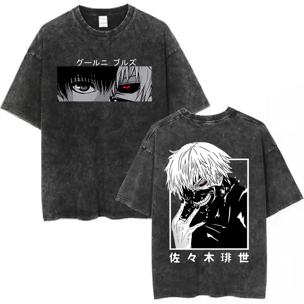 Vintage Washed Anime Tokyo Ghoul Spider Lily T Shirt Manga Cool Ken Kaneki Eyes T-shirts Oversized Gothic Short Sleeve T Shirts