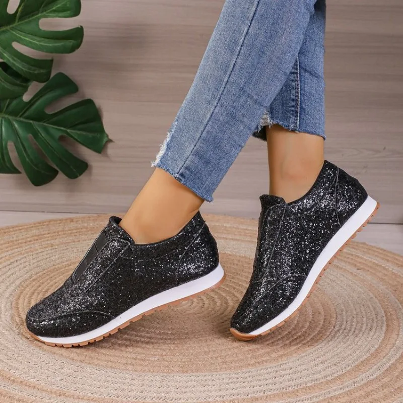 

Womens Sparkly Glitter Slip On Sneakers Casual Comfortable Walking Shoes Shiny Flat Loafers Platform Bling Footwear For Ladies