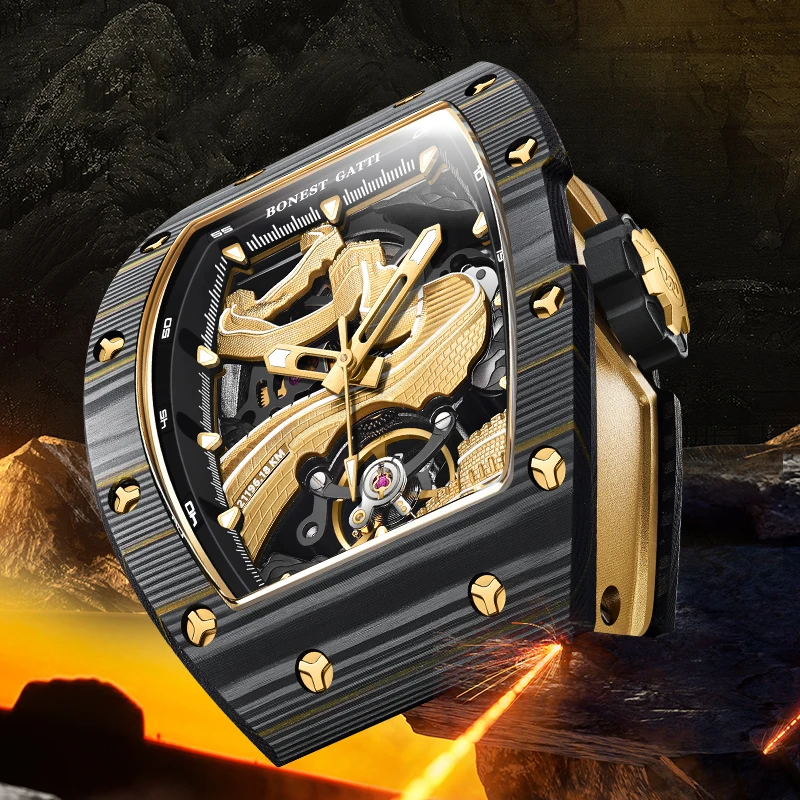 BONEST GATTI Barrel-Shaped Mechanical Watch for Men-Carbon Fiber Luminous Case Embossed Great Wall Series|Automati Light Luxury