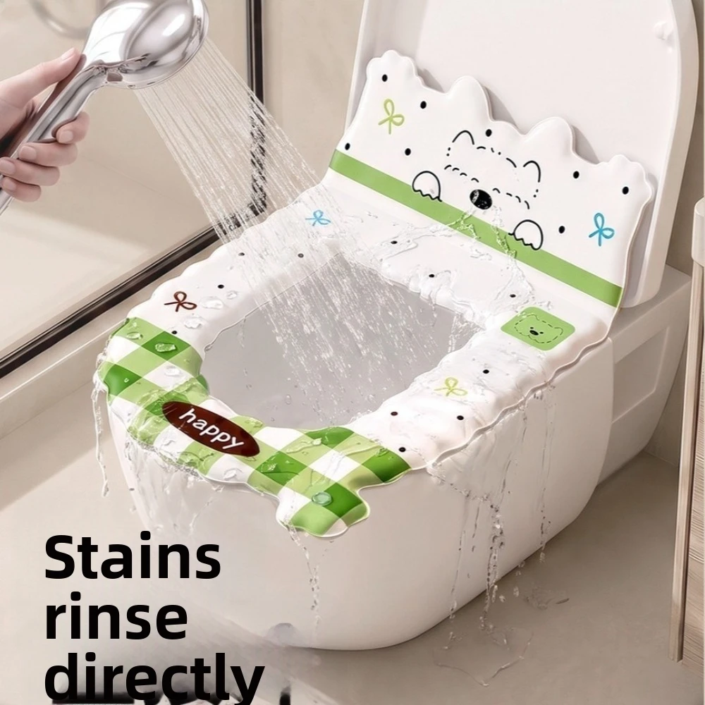 Cute Waterproof Backrest Toilet Seat Cartoon Puppy Pattern Plaid Toilet Seat Cover Removable Toilet Mat Bathroom Use