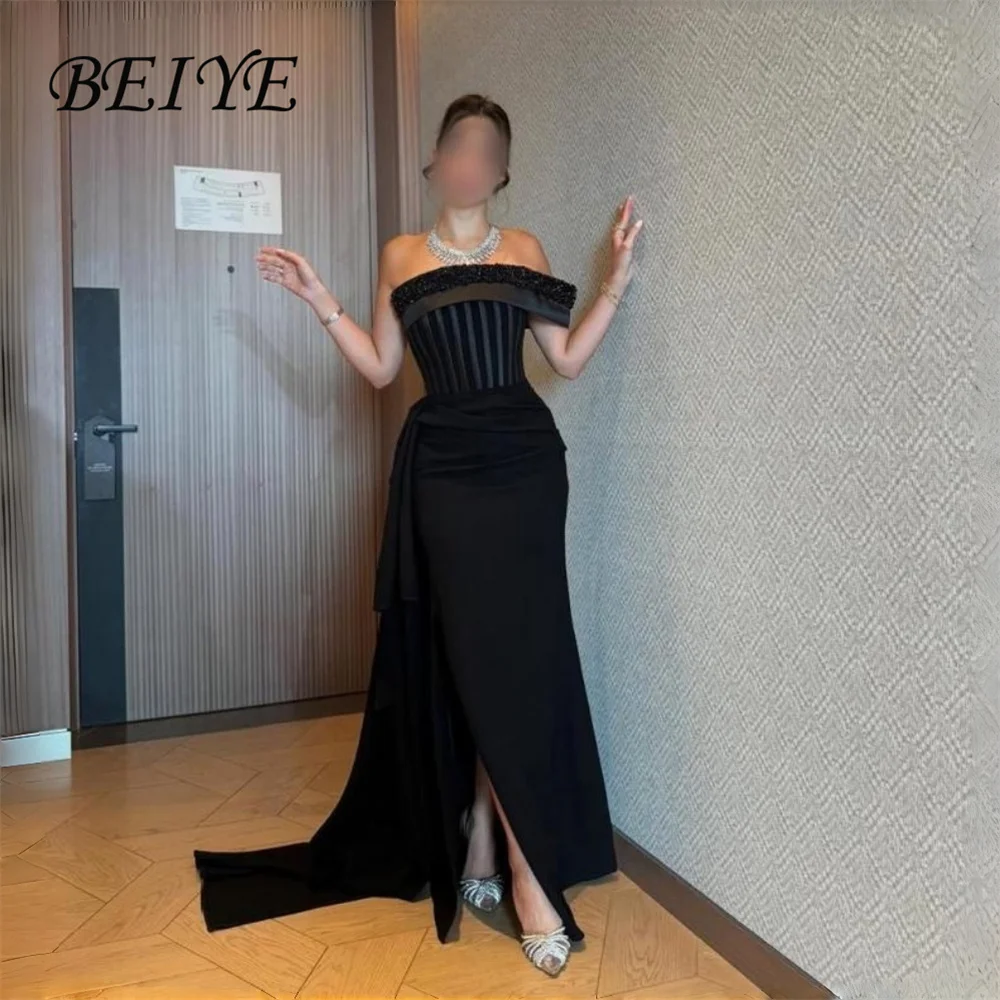 

BEIYE Elegant Black Mermaid Evening Dress Off The Shoulder Lace High Slit Strapless Party Gown Customized فساتين سهرة