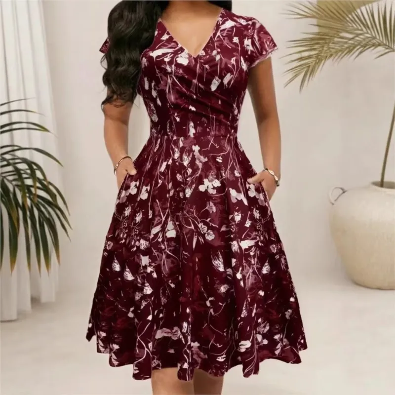 2026 New Summer Women's Dress Printed V-neck Elegant Fashionable Comfortable Unique Niche Waist Collection Retro Simple Vestidos