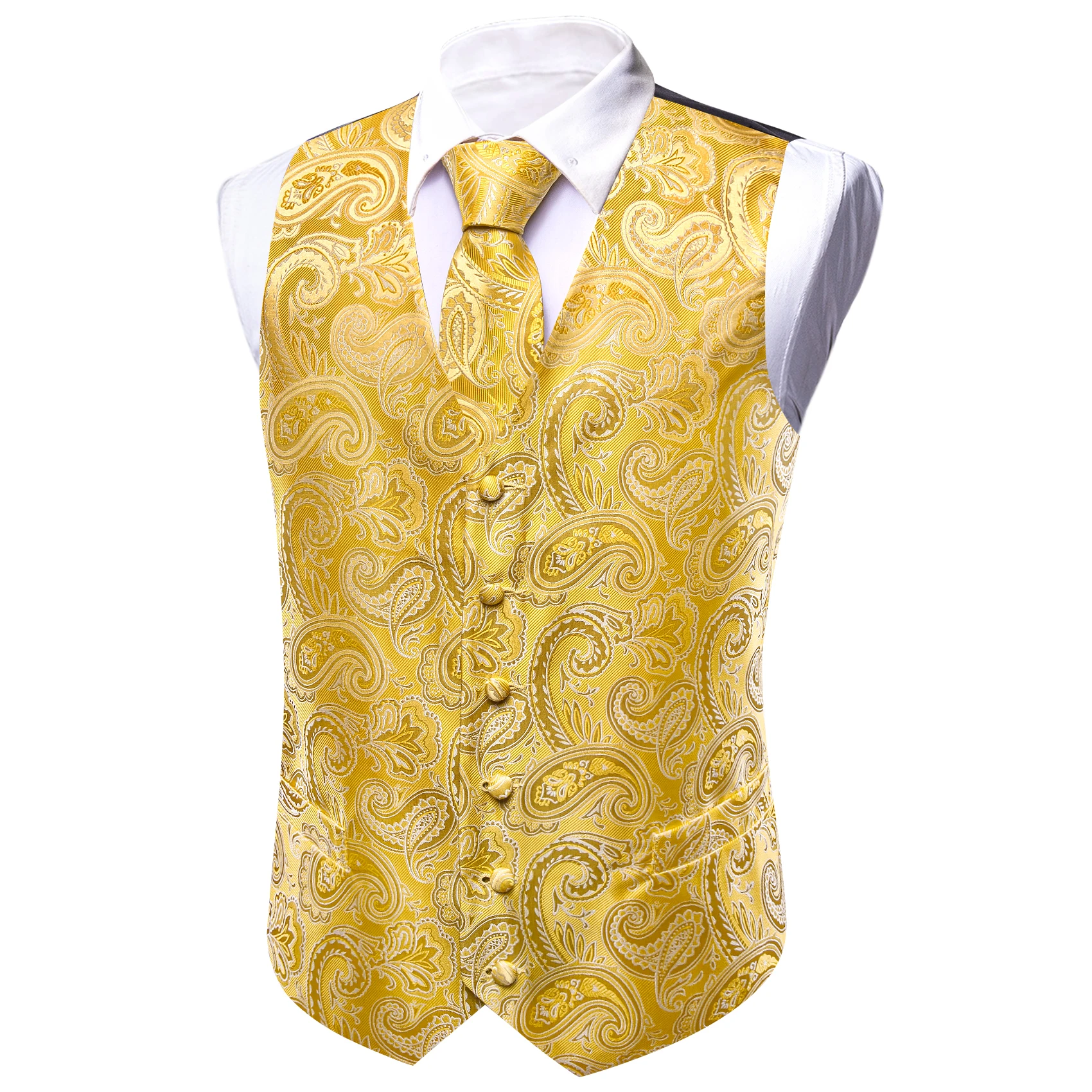 Barry.Wang Silk Men Vest Tie Hanky Cufflinks Set 100 Colors Jacquard Paisley Floral Waistcoat Sleeveless Jacket Wedding Business