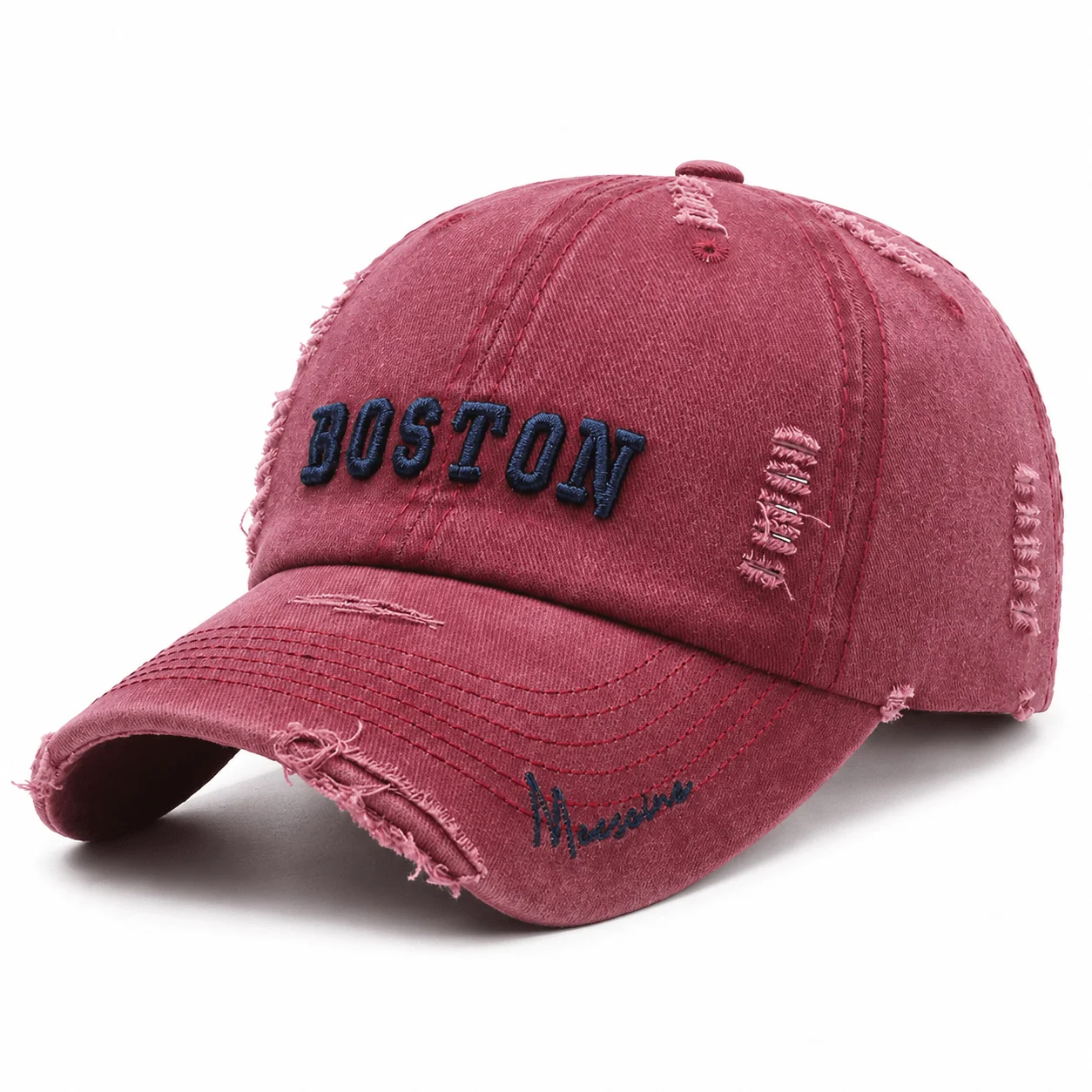 Distressed Boston Embroidered Baseball Cap Frayed Edge Details AdjustableCasual Streetwear Hat Vintage Washed Hip Hop FashionCap