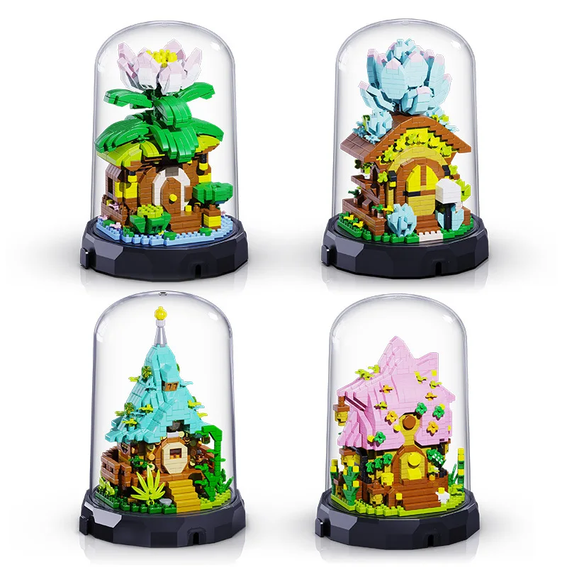 

Creative Plant Flower Tree House Micro Diamond Block Lotus Pine Pinecone Nanobrick Building Brick Toy Display Stand For Gifts