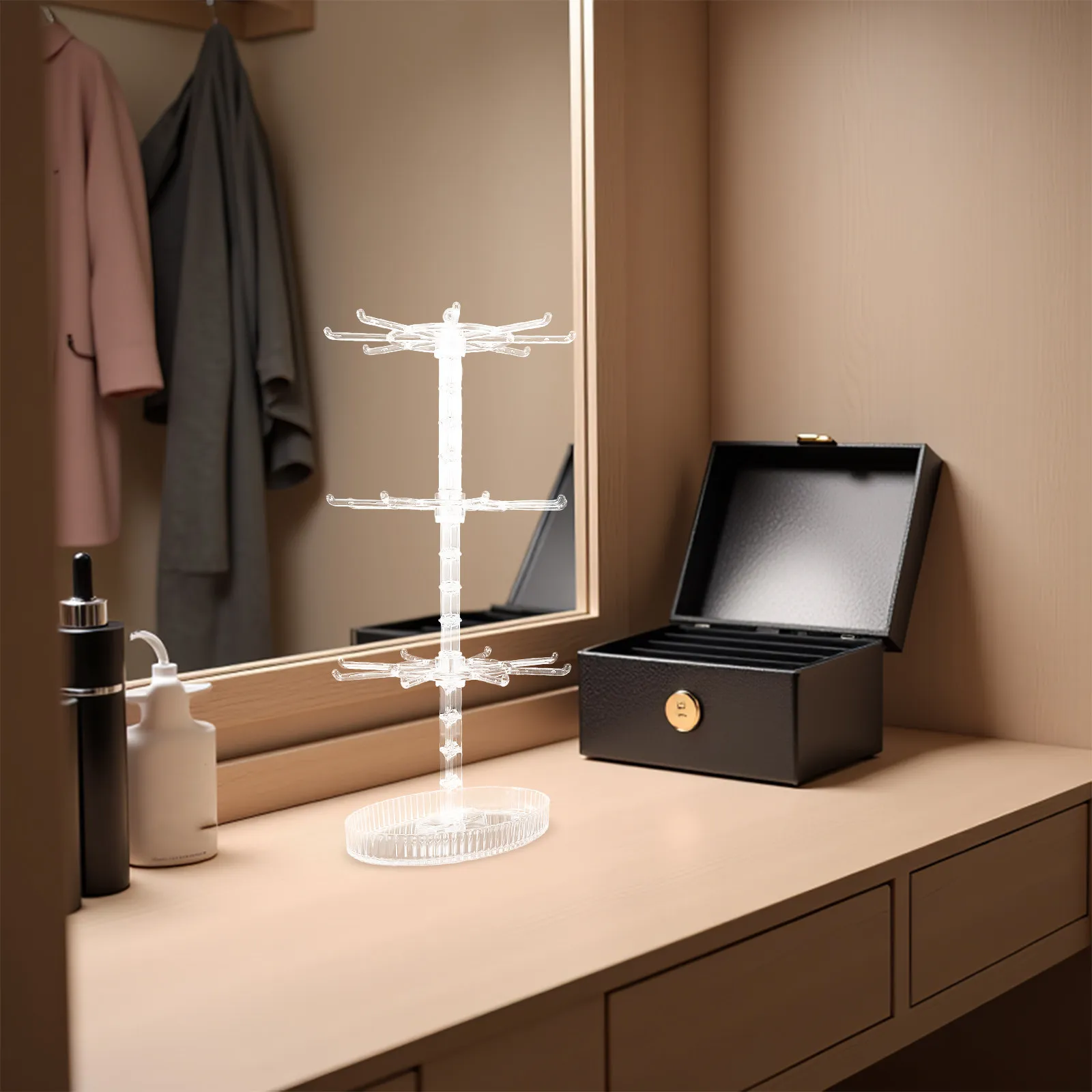 

Трехуровневая прозрачная вращающаяся подставка для украшений: для ожерелий, браслетов, брелоков, для прикроватной тумбочки, туалетного столика, витрины