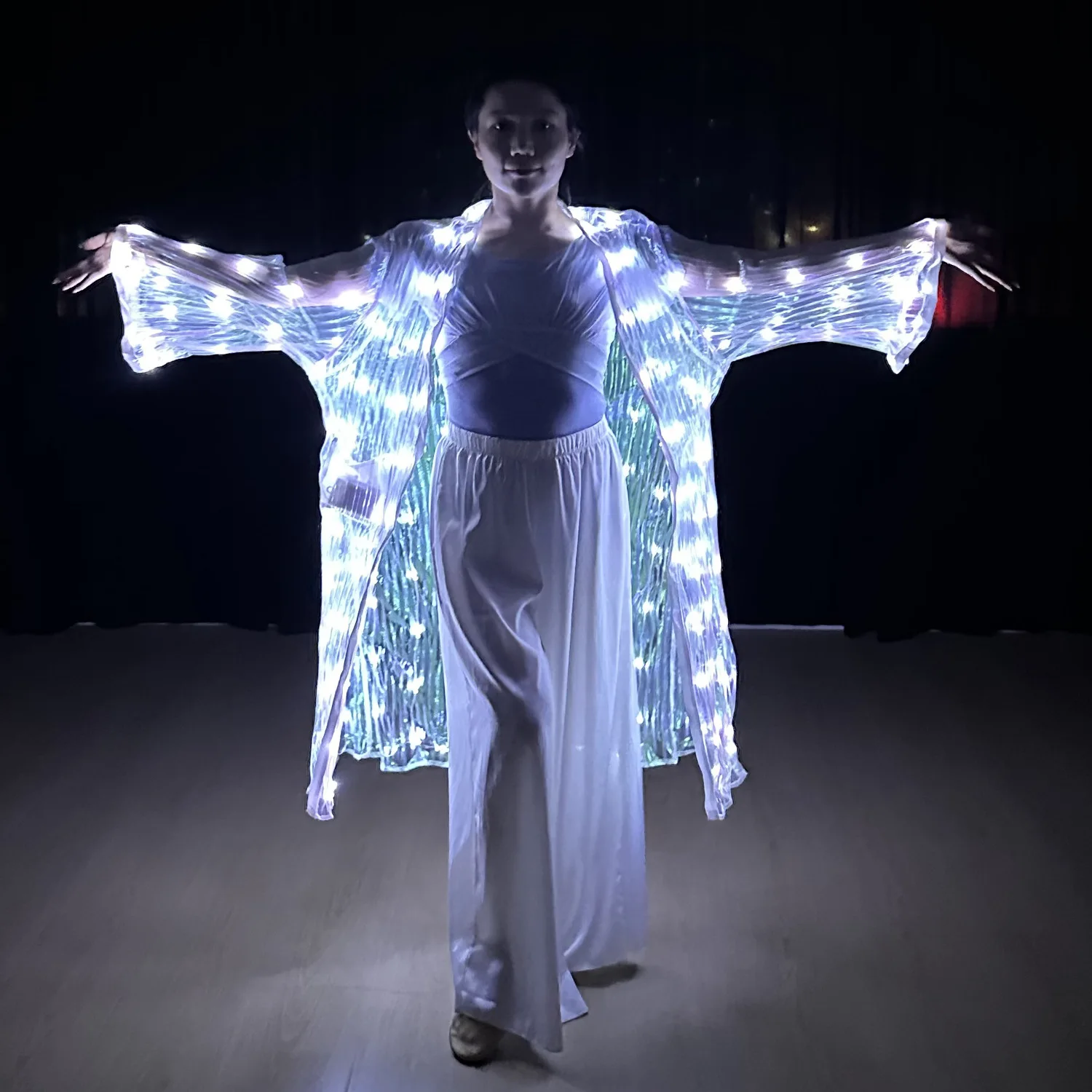 White LED Glow Costume Belly Dance Butterfly Wing Fans - Glowing Light up Clothes for Performance Carnival Party Dancing