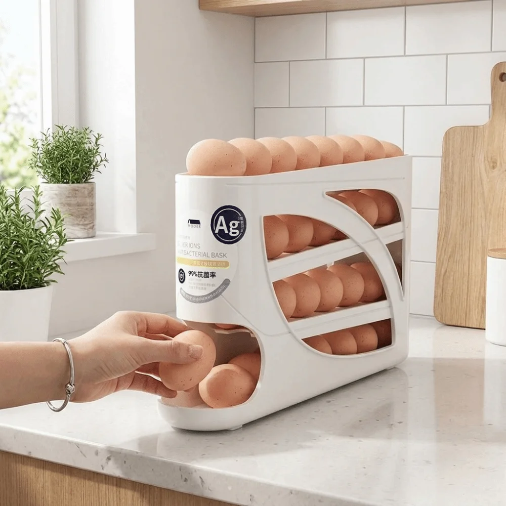 Plastic 4-Tier Automatic Rolling Egg Rack Fresh-Keeping Large Capacity Rolling Egg Storage Box Anti-Drop Space Saving