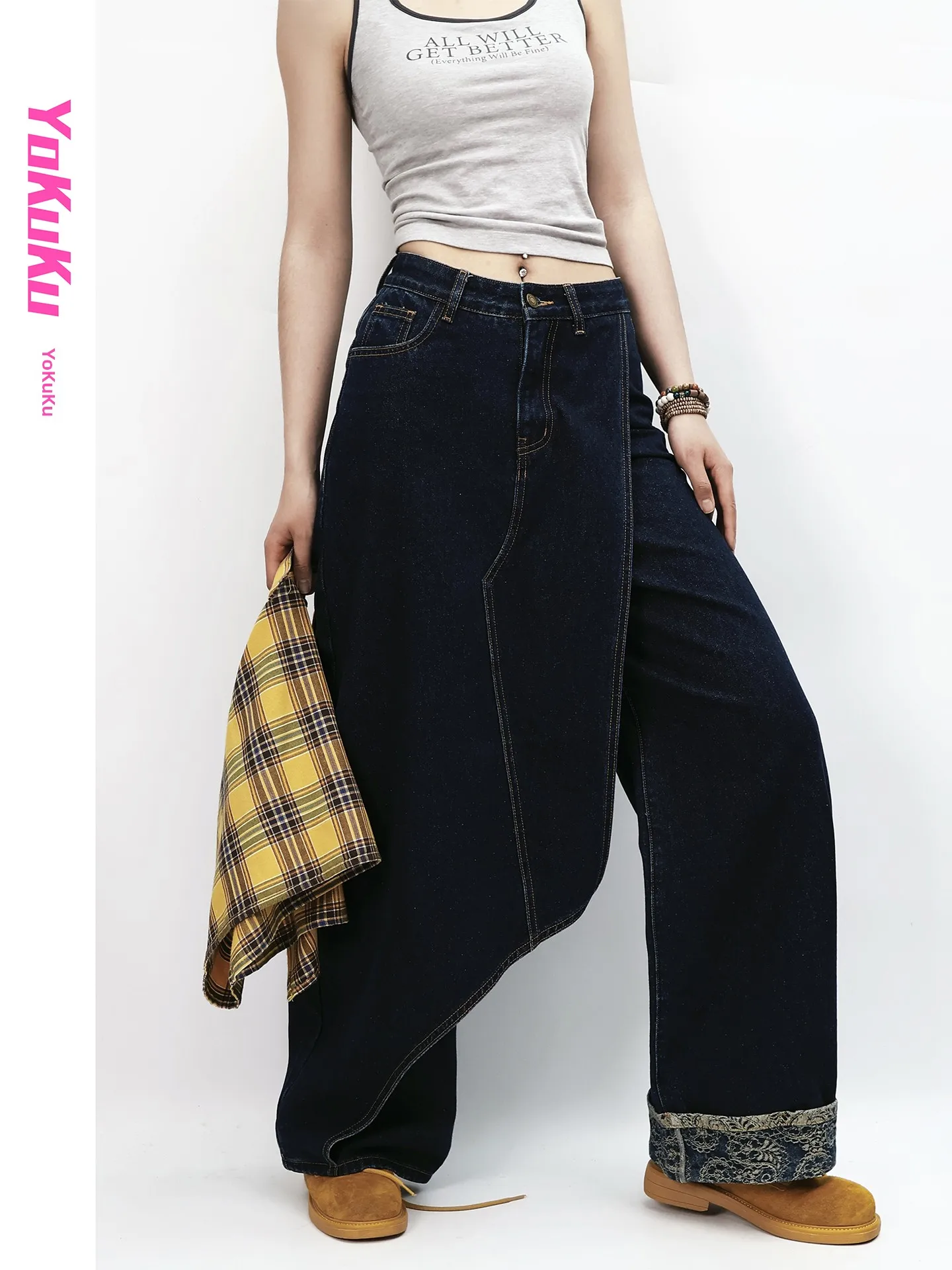 

Cool Retro Denim Jeans Women's Asymmetric Splicing Loose Slim Straight Leg Pants Casual Style Natural Waist Cotton Jeans