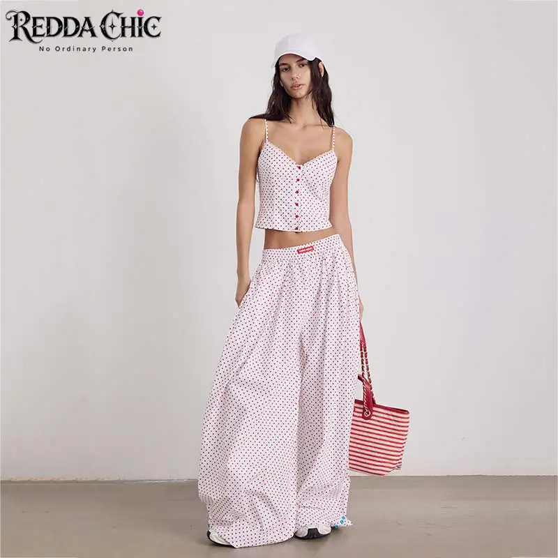REDDACHiC Vacation Crop Top Wide Pants Matching Set Causal Polka Dots Camisole Elastic Waist Balloon Pants Retro Woman Clothes