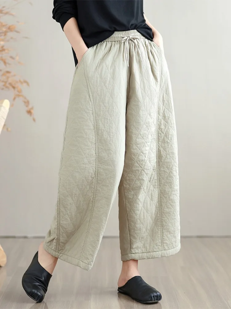プラスサイズの女性の綿麻ワイドレッグパンツハイウエストストレートカットホームパンツ冬暖かいThienedカジュアルパンツ