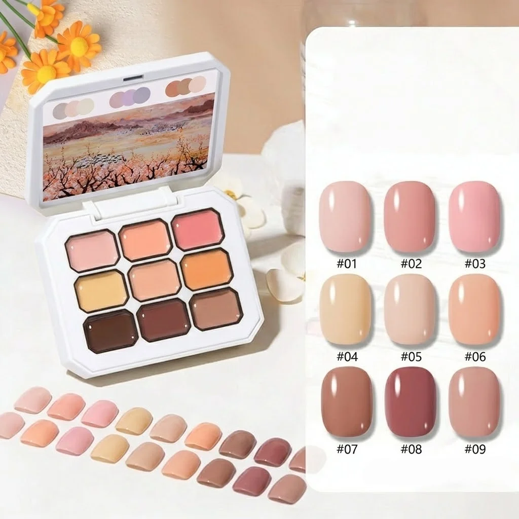 9 Colors Nude Milk Tea Solid Cream Gel Palette Soak Off UV LED Painting Gel with Free Nail Brush Pigment Patting Gel for Salon D view 2