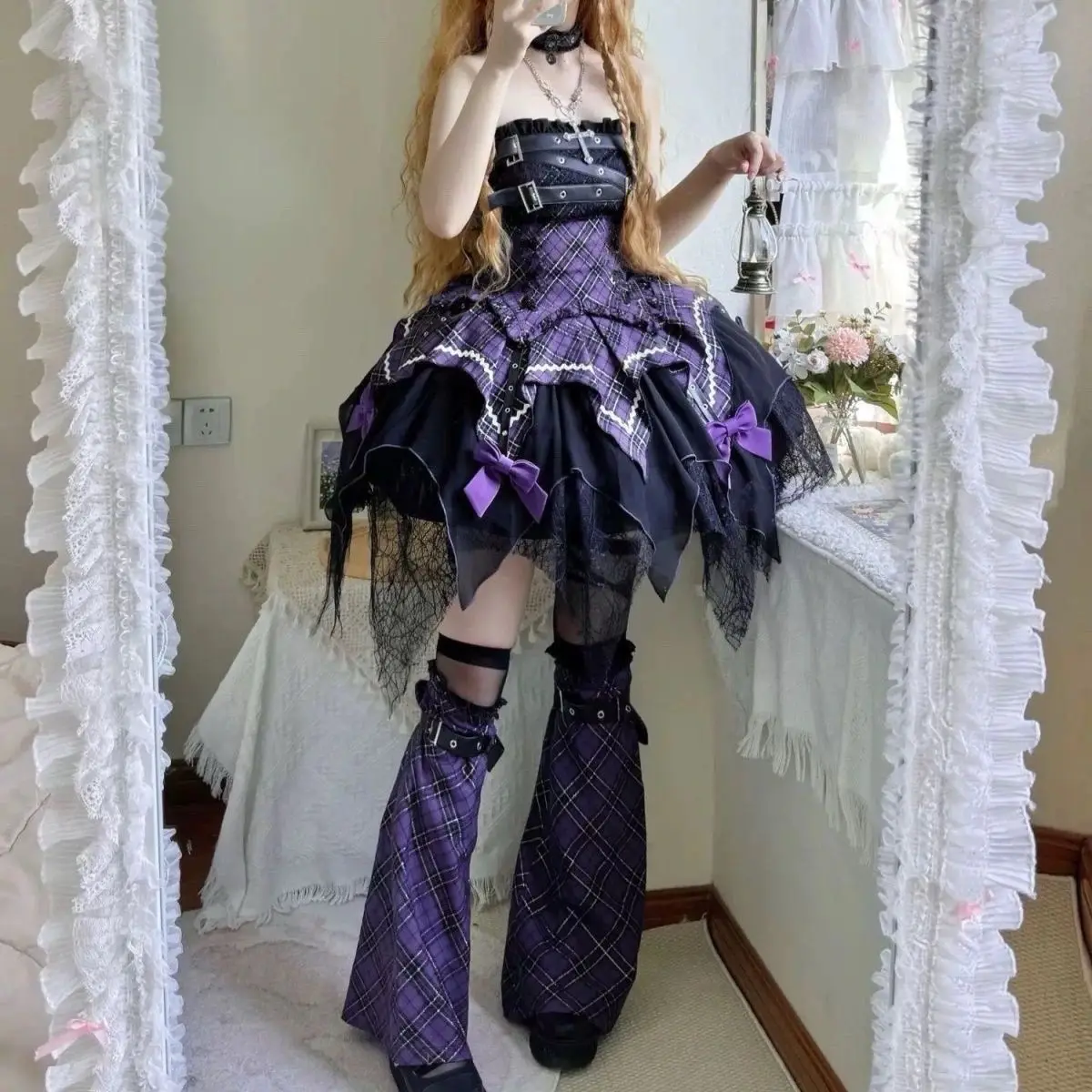 Coalfell Rock and Roll Dark Hot Girl Lolita Skirt Sets Sweet Spicy Y2k Irregular Gothic Skirt Slim Sling Top Two-piece Suit