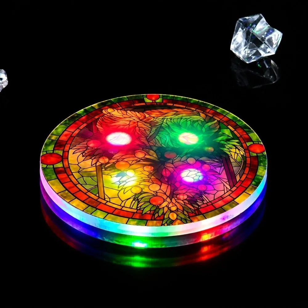 New Round Shape LED Glowing Coaster 2D Flat Design Colorful Christmas Acrylic Coaster Waterproof Novelty Drink Pad Holiday Party