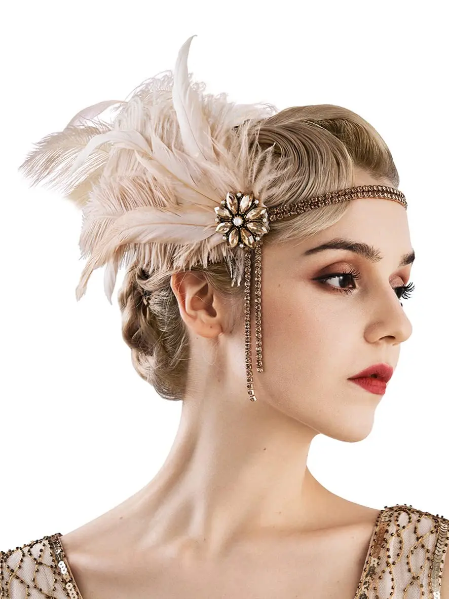 1920s Headpiece Flapper Headband, Rhinestone Pearl Feather Hair Band Great Gatsby Headpiece Accessories for Women