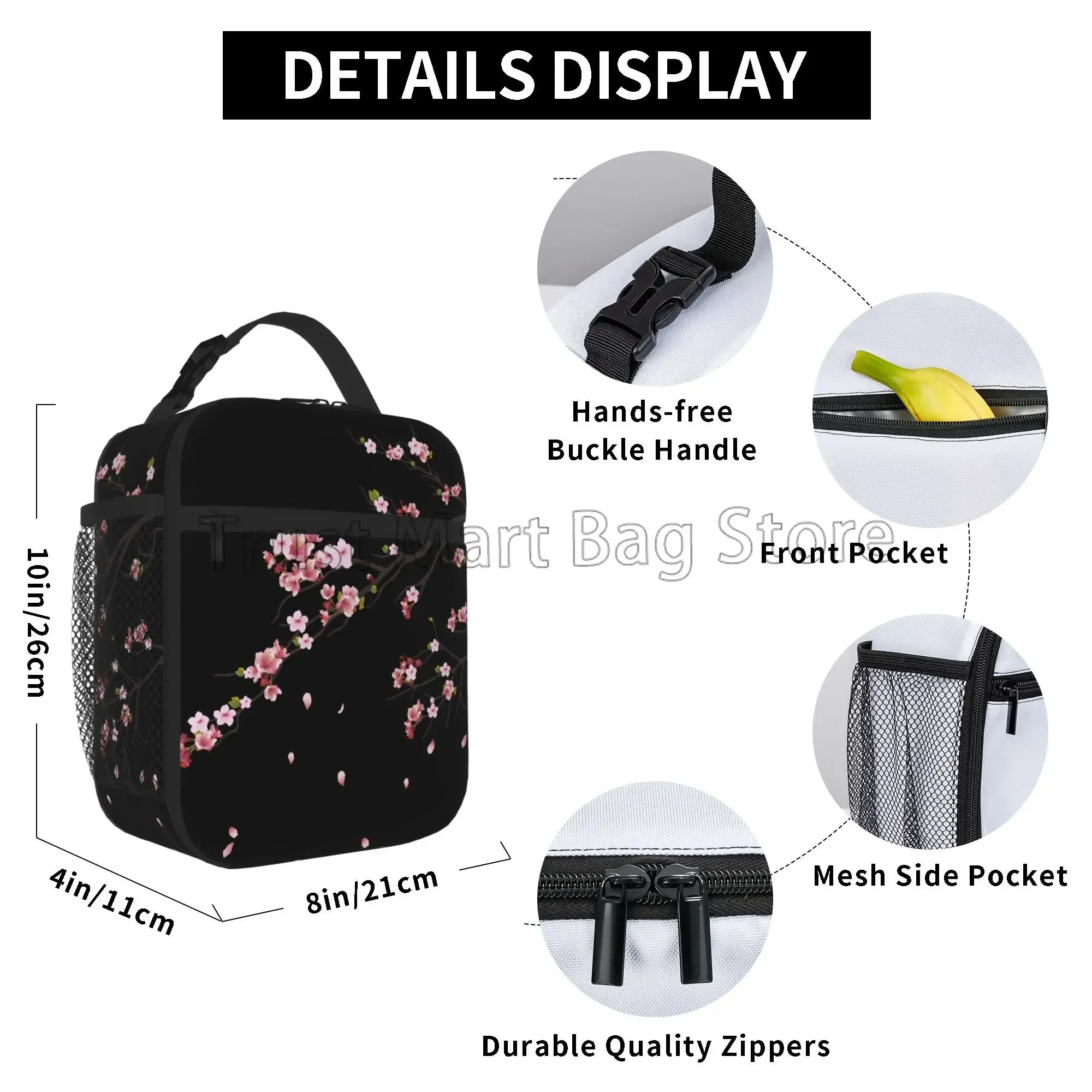 Japanese Sakura Cherry Blossoms Tree Insulated Lunch Bag Reusable Lunch Box for Work Picnic Beach Leakproof Cooler Bento Tote